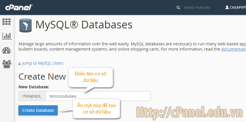 Giao diện MySQL Database của cPanel