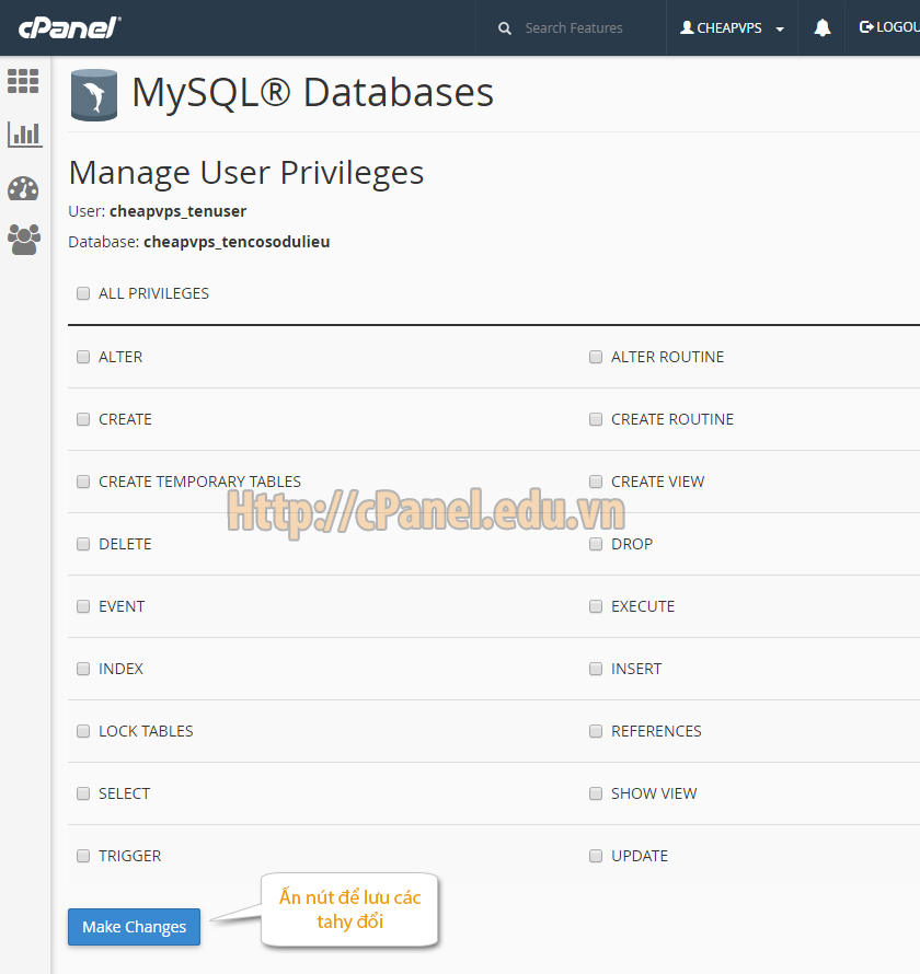 Cấp quyền truy cập Database cho User trong host cPanel.
