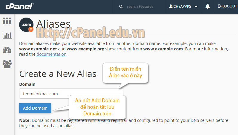 Giao diện thêm tên miền Alias trong host Cpanel