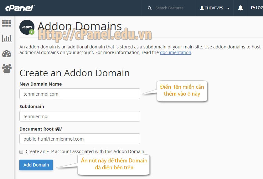 Giao diện Addon Domain trong cPanel hosting