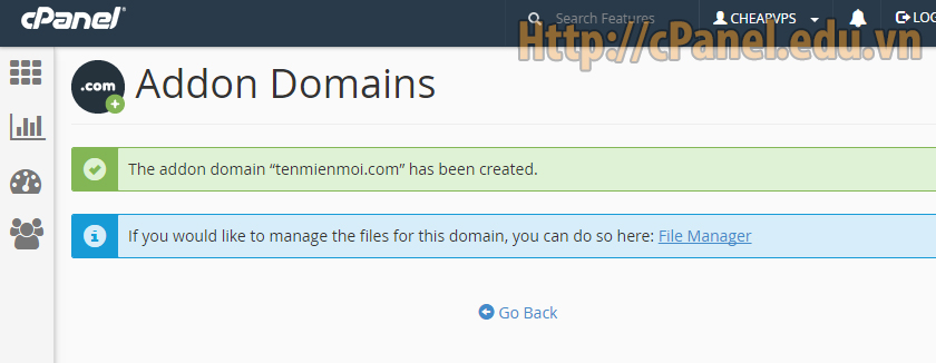 Thông báo thêm Addon Domain thành công trong host cPanel