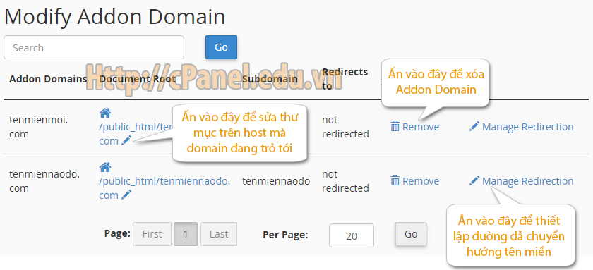 Giao diện sửa Addon Domain trong cPanel hosting.