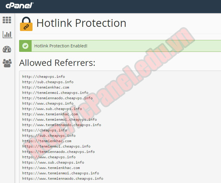 Kích hoạt thành công tính năng Hotlink Protection trong cPanel