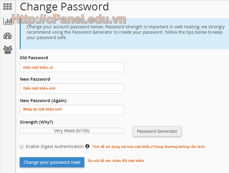 Giao diện đổi mật khẩu host trong cPanel hosting