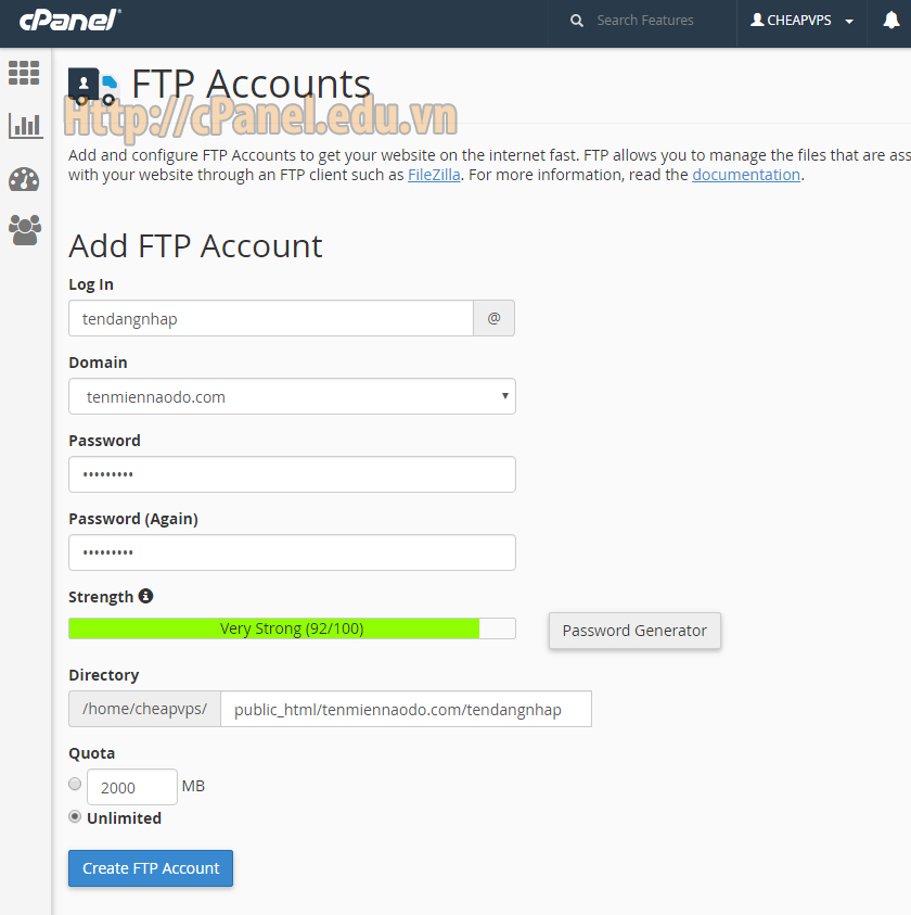 Giao diện tạo tài khoản FTP trên host cPanel
