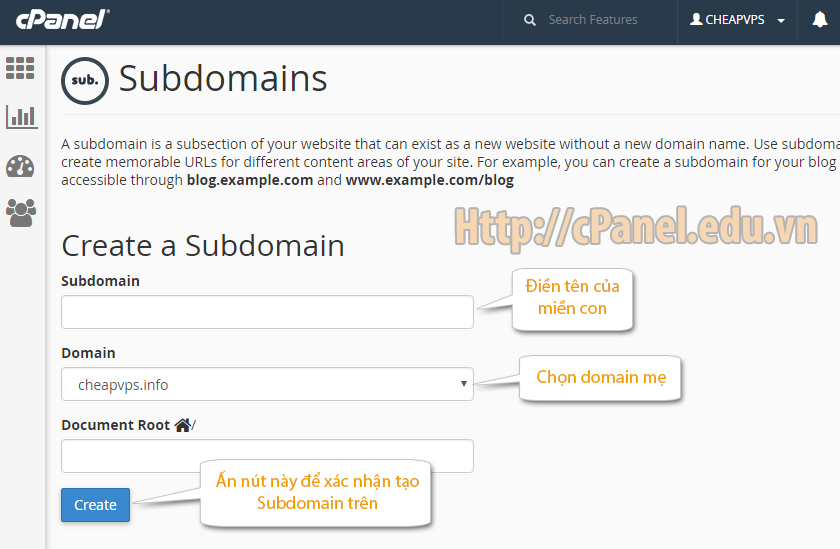 Giao diện thêm tên miền con (Subdomain) trong cPanel hosting