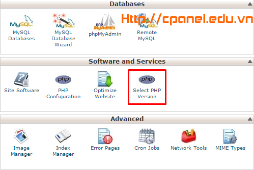 Truy cập vào Select PHP Version trong mục Softwareand Service