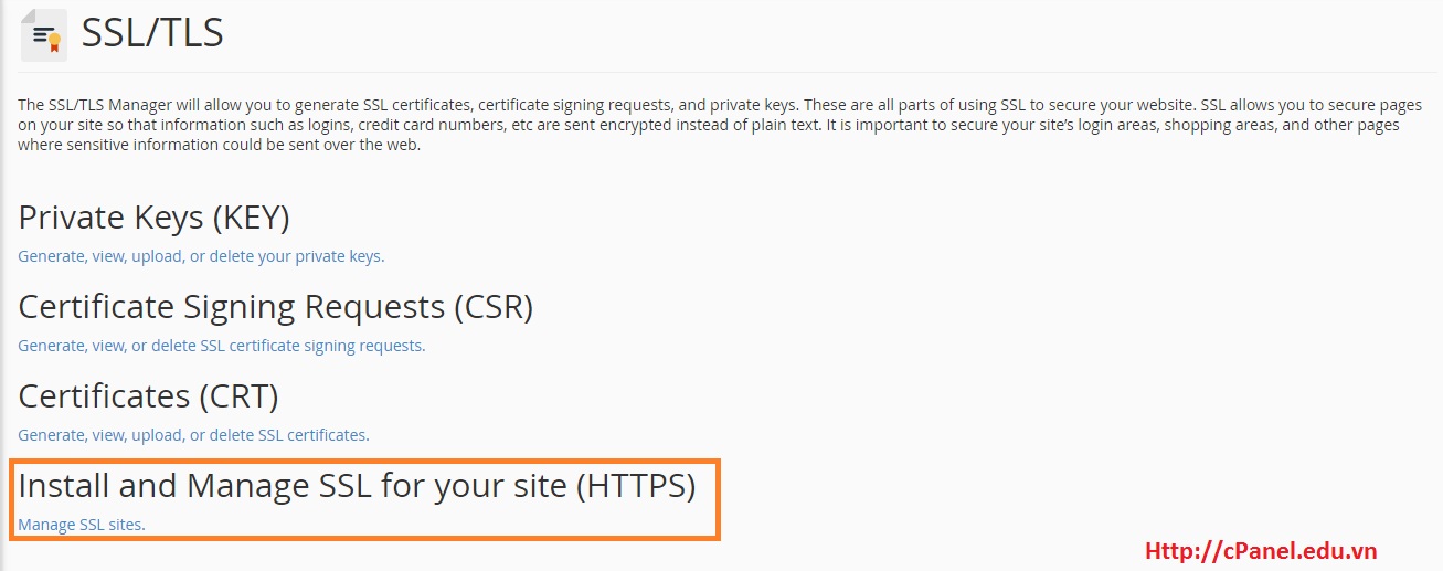 Truy cập Manage SSL sites trong SSL/TLS - cPanel