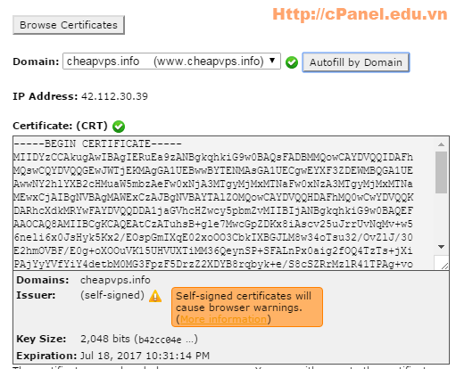 Install chứng chỉ CSR (Certificate signing request) đã tạo để chạy https trong host cPanel