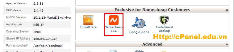 Truy cập trình cài SSL của Namecheap