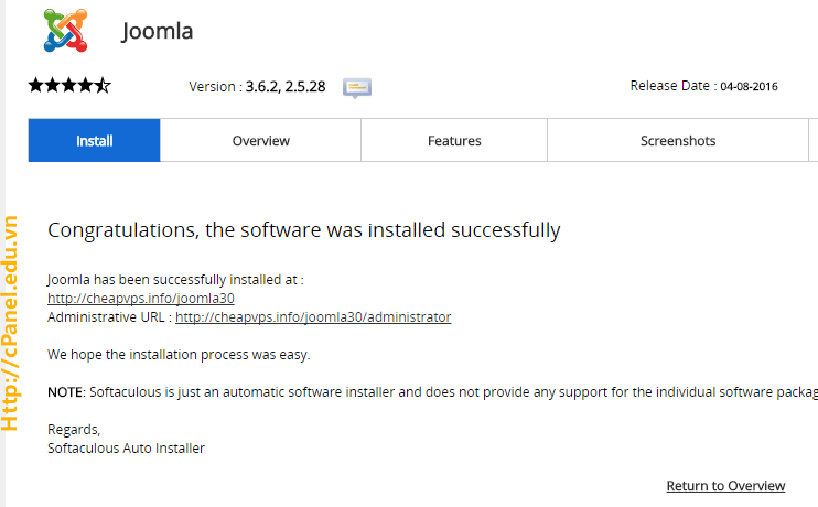 Hệ thống báo đã cài đặt thành công Joomla